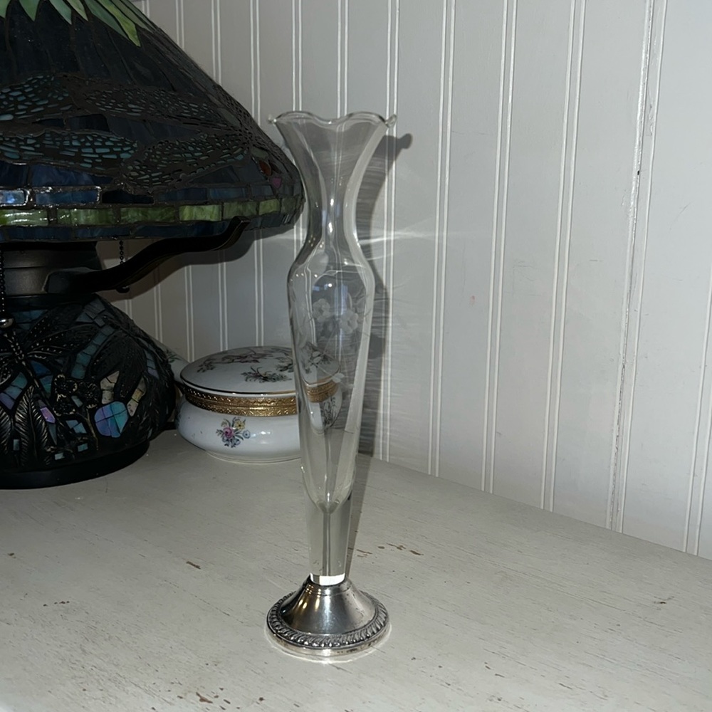 Vintage Sterling Silver etched glass bud vase 10”